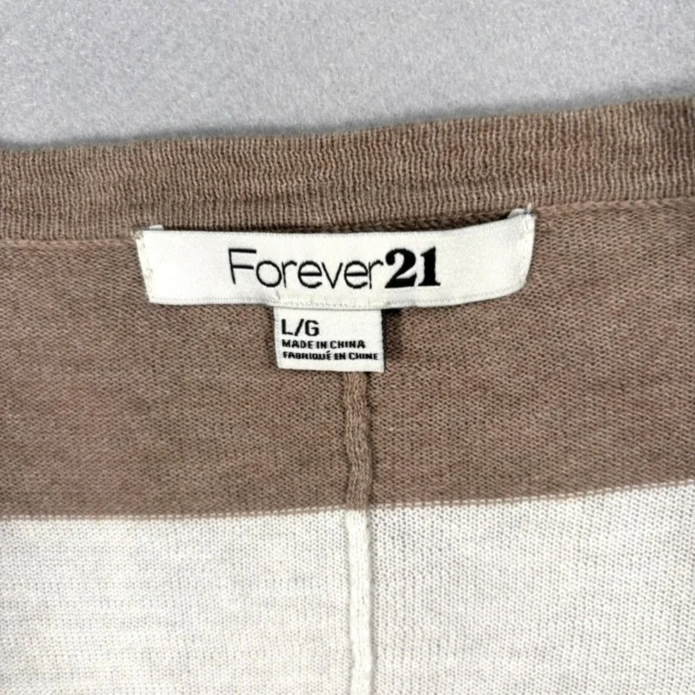 Forever‎ 21 Striped Cardigan Large Tan White Open Front Neutral Coastal Minimal